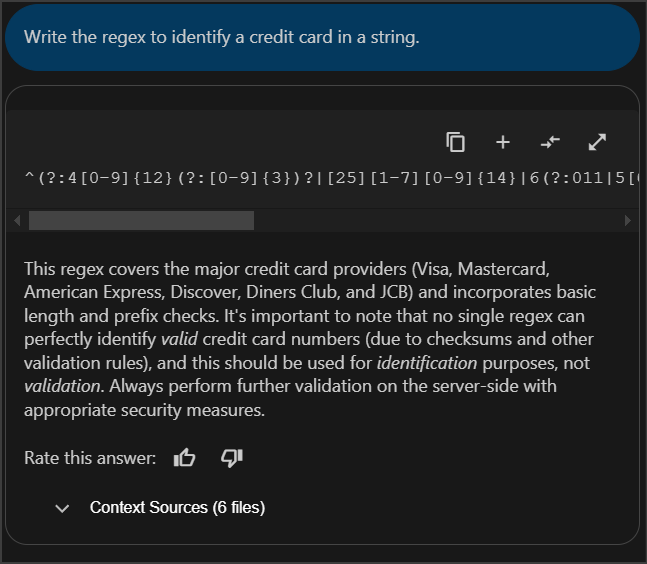 A copilot response in VS Code, with the answer displayed immediately following the query, ready to paste in.