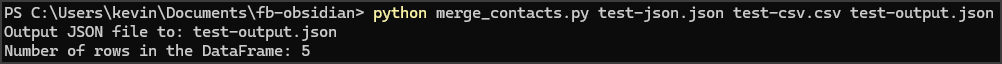 Running the merge with test data, generating the desired five contacts based on two test sources