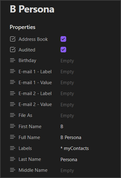 Obsidian view of the yaml properties for each contact.