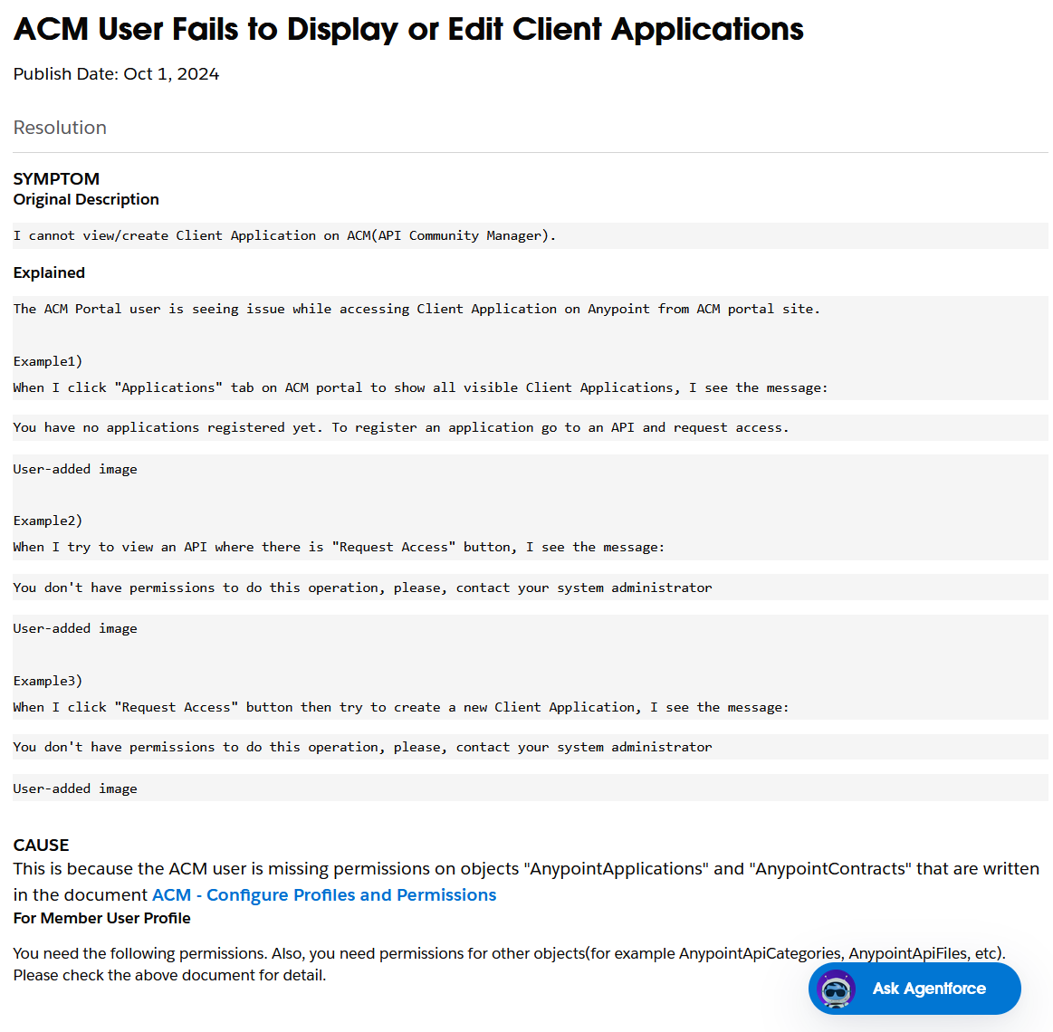 An image of an article with the title ACM User Fails to Display or Edit Client Applications, with a structured article body including headers for Resolution, Symptom, Original Description and text describing a user issue.
