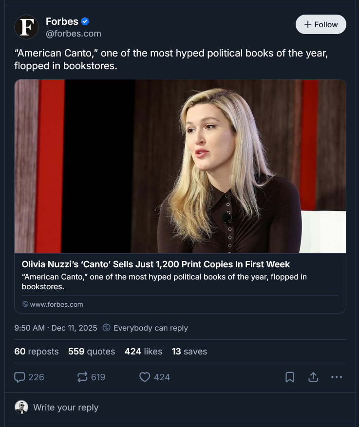 Post on Bluesky. Forbes discusses a the limited success of recent a book launch with a card linking to their news story.