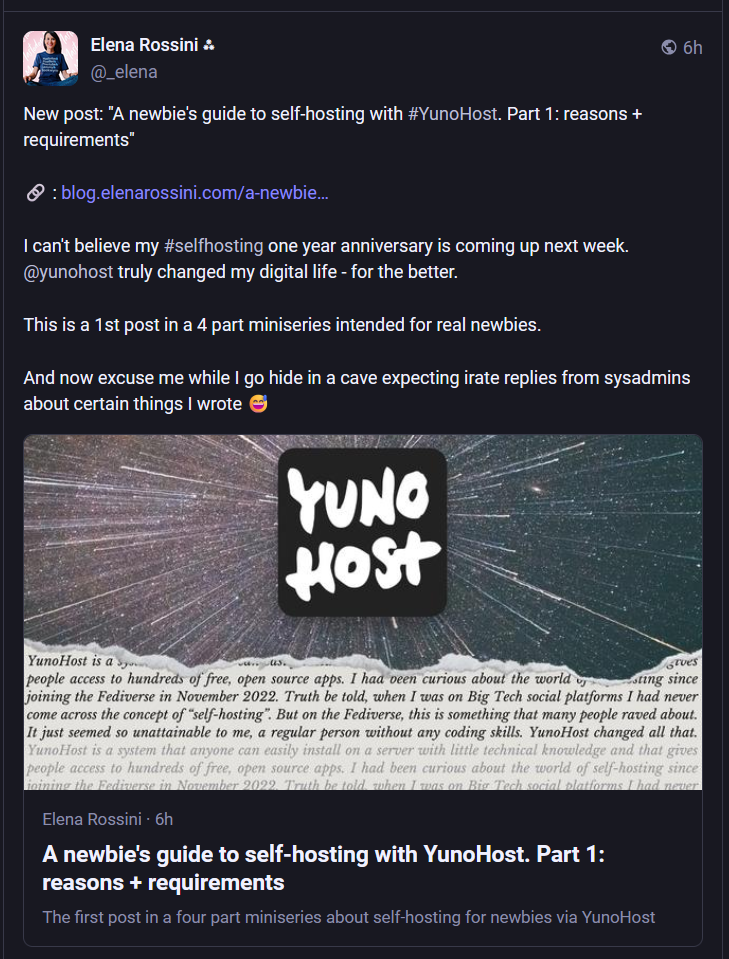 Post on Mastodon. A box contains user text explaining their blog post introducing users to working with yuno host, and a card appears beneath the post with a link and summary text.