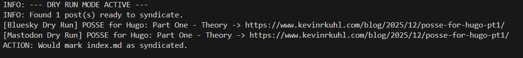 A command line log confirming that 1 post was found to be syndicated to Bluesky and Mastodon.