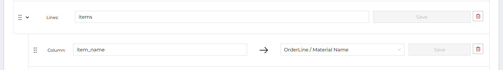 Mappings for indicating that fields below “items” are for order lines. A column mapping is indented to the right.